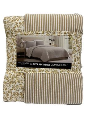Tahari Brown and White Striped Reversible To Floral Queen Comforter Set 90”x90”